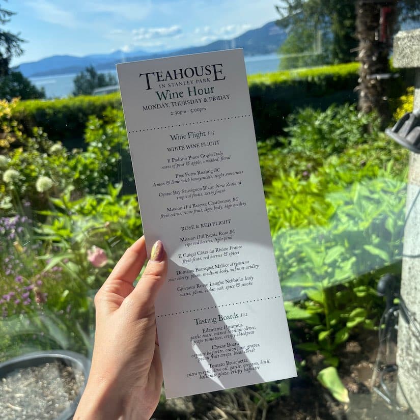 Wine Menu at The Teahouse Restaurant